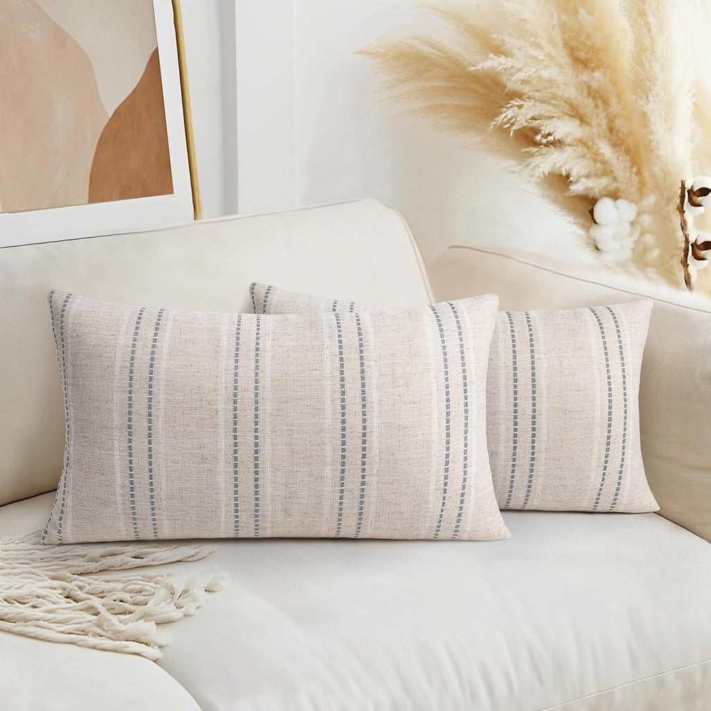 AELS 12x20 Decorative Farmhouse Linen Throw Pillow Covers, Boho Textured Pillow Case, Set of 2, Beige with White & Gray Stripes Cushion Cover for Sofa Couch Living Room (Cover ONLY)