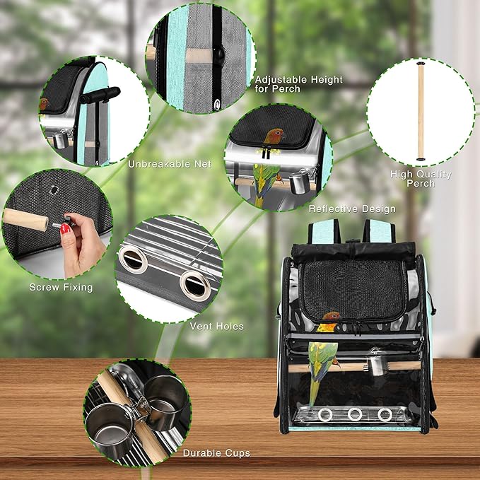 SUERTREE Bird Carrier Bag with Indestructible Stainless Steel Mesh, Bird Travel Cage with Stand, Easy to Clean Backpack for Parrot, Portable Bird Travel Bag, Green