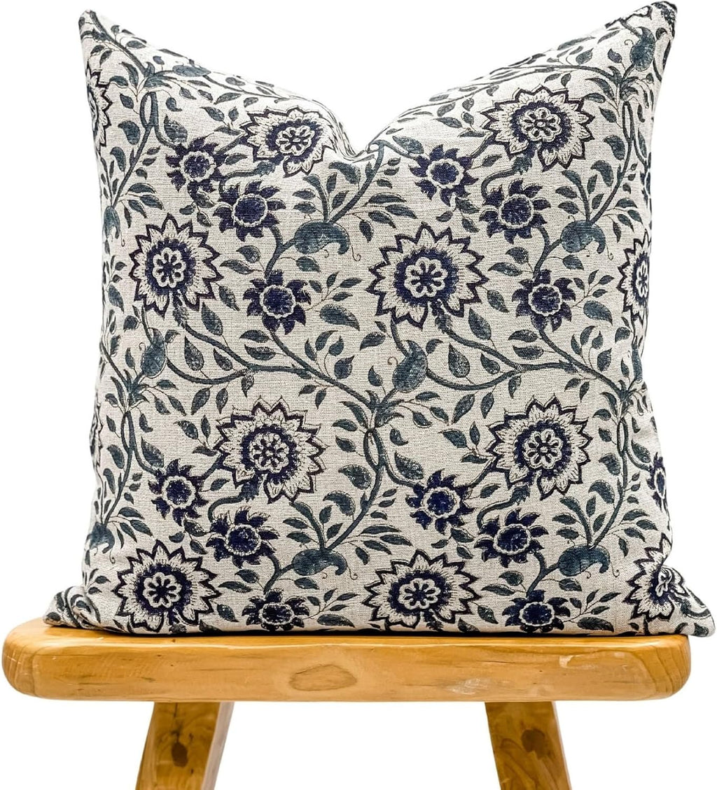 Designer Floral Print on Natural Linen Pillow Cover, Blue Pillow, Boho Pillow Cover, Decorative Throw Pillow, Navy Blue Pillow Cover, Dark Blue Pillow Cover (Navy Blue, 12x18)