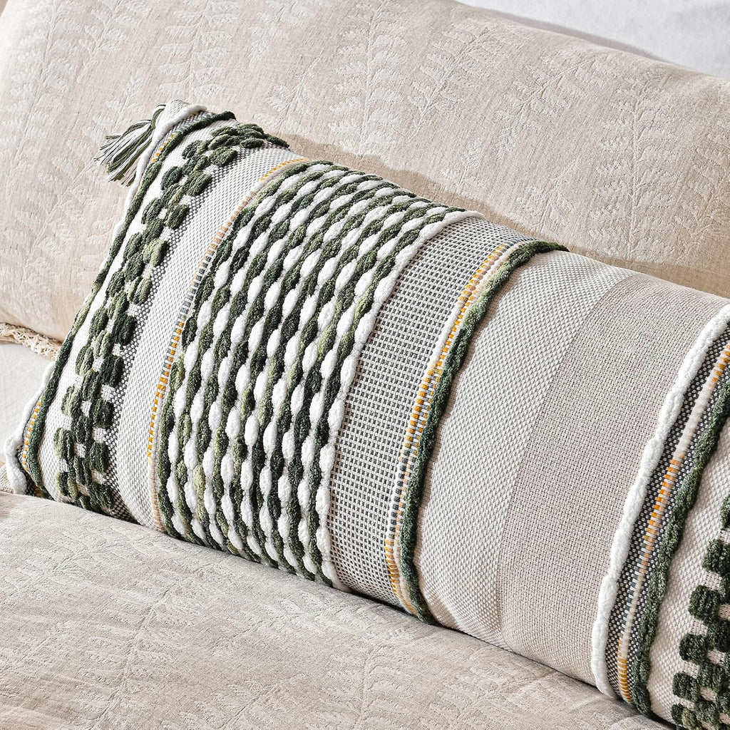 AmHoo Chenille Striped Textured Boho Throw Pillow Covers Aesthetic with Tassels Woven Decorative Pillow Case for Couch Bed Sofa Bedroom Modern Funky 14 x 36-Inch Sage Green