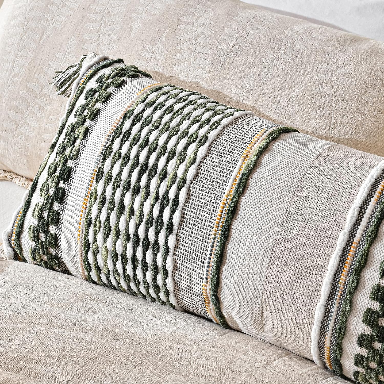 AmHoo Chenille Striped Textured Boho Throw Pillow Covers Aesthetic with Tassels Woven Decorative Pillow Case for Couch Bed Sofa Bedroom Modern Funky 14 x 36-Inch Sage Green