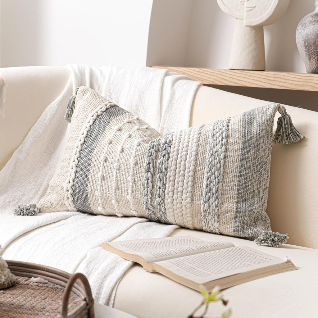 BlissBlush Gray Decorative Lumbar Pillow Cover 14x24, Grey Boho Long Body Pillow for Bed, Farmhouse Lumbar Throw Pillow for Couch, Modern Accent Textured Throw Pillowcase