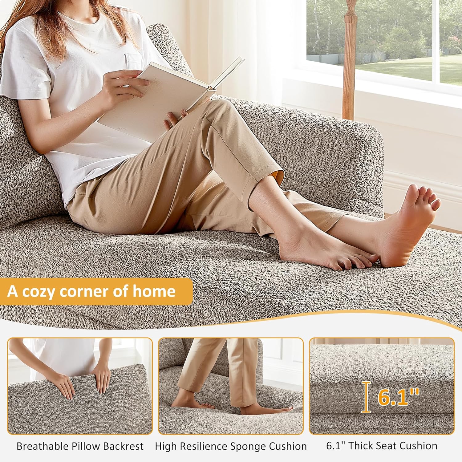 VANOMi Oversized 70.47'' Chaise Lounge Chair Indoor with Storage Space, Modern Upholstered Sofa Bed with Thick Cushion and Left Armrest, Boucle Leisure Recliner for Living Room, Bedroom, Office, Camel