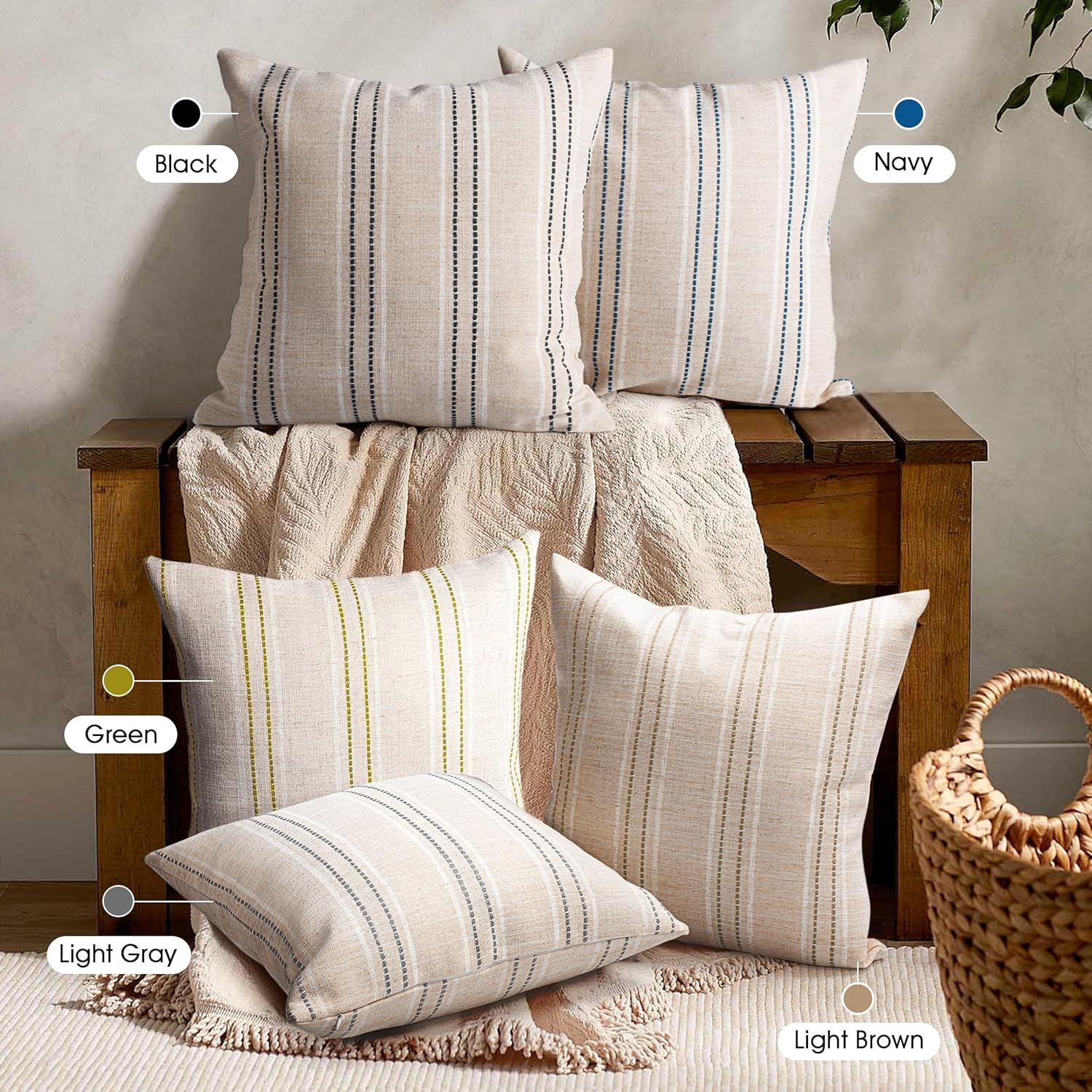 AELS 18x18 Decorative Farmhouse Linen Throw Pillow Covers, Boho Textured Pillow Case, Set of 2, Beige with White & Green Stitch Yarn Dyed Stripe Cushion Cover for Sofa Couch Living Room (Cover ONLY)