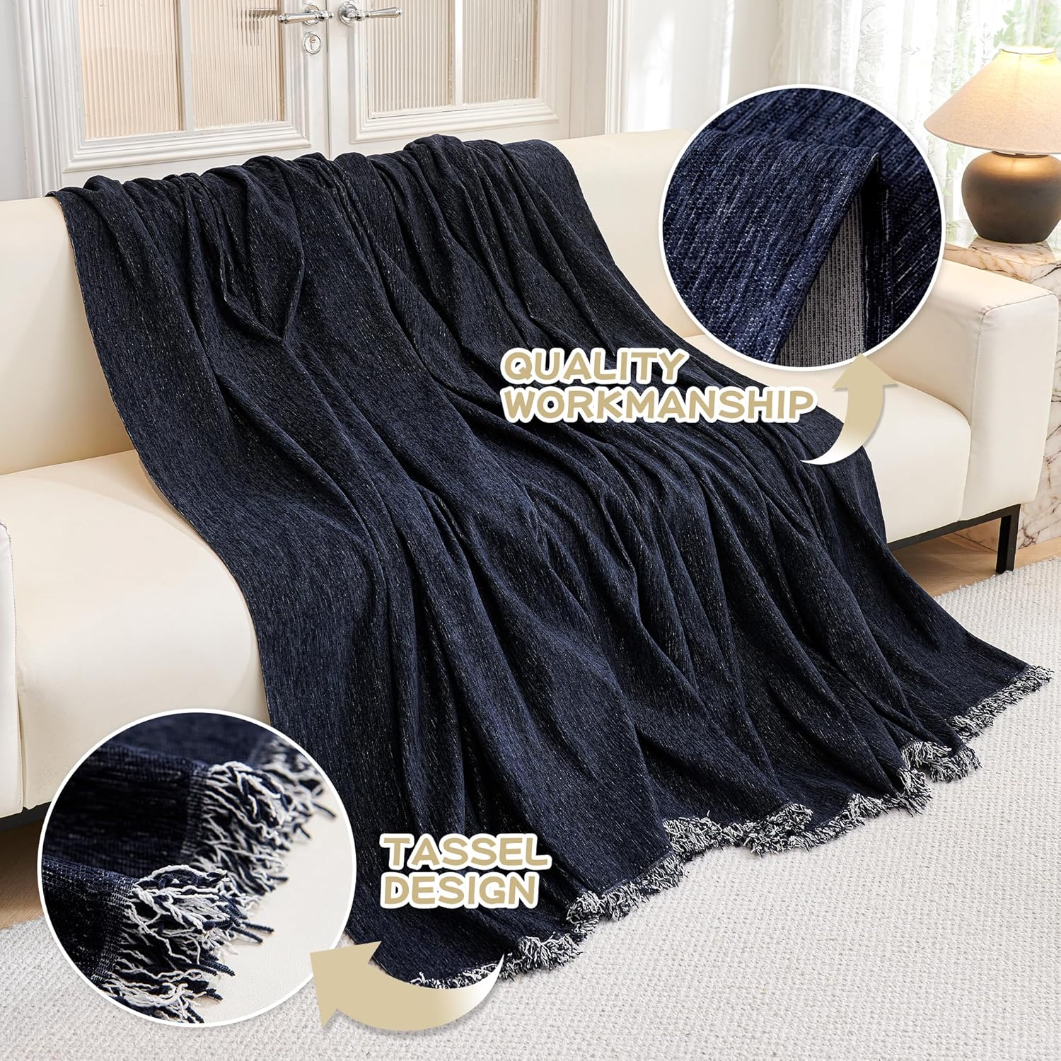 MYSKY HOME Couch Covers - Sectional Couch Covers for Pet Sofa, Non Slip Soft Couch Cover, Washable Furniture Protector with Tassel Sofa Throws, Living Room, 91"x118", Navy Blue