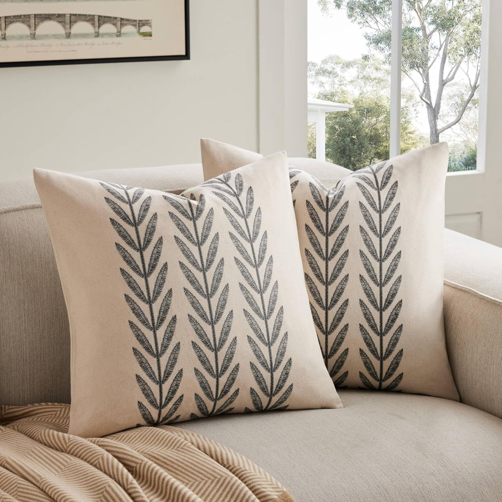 100% Cotton Farmhouse Leaves Throw Pillow Covers Set of 2, 22x22 Inch Black Pastoral Decorative Print Cushion Covers for Sofa Bed Living Room Home Decor