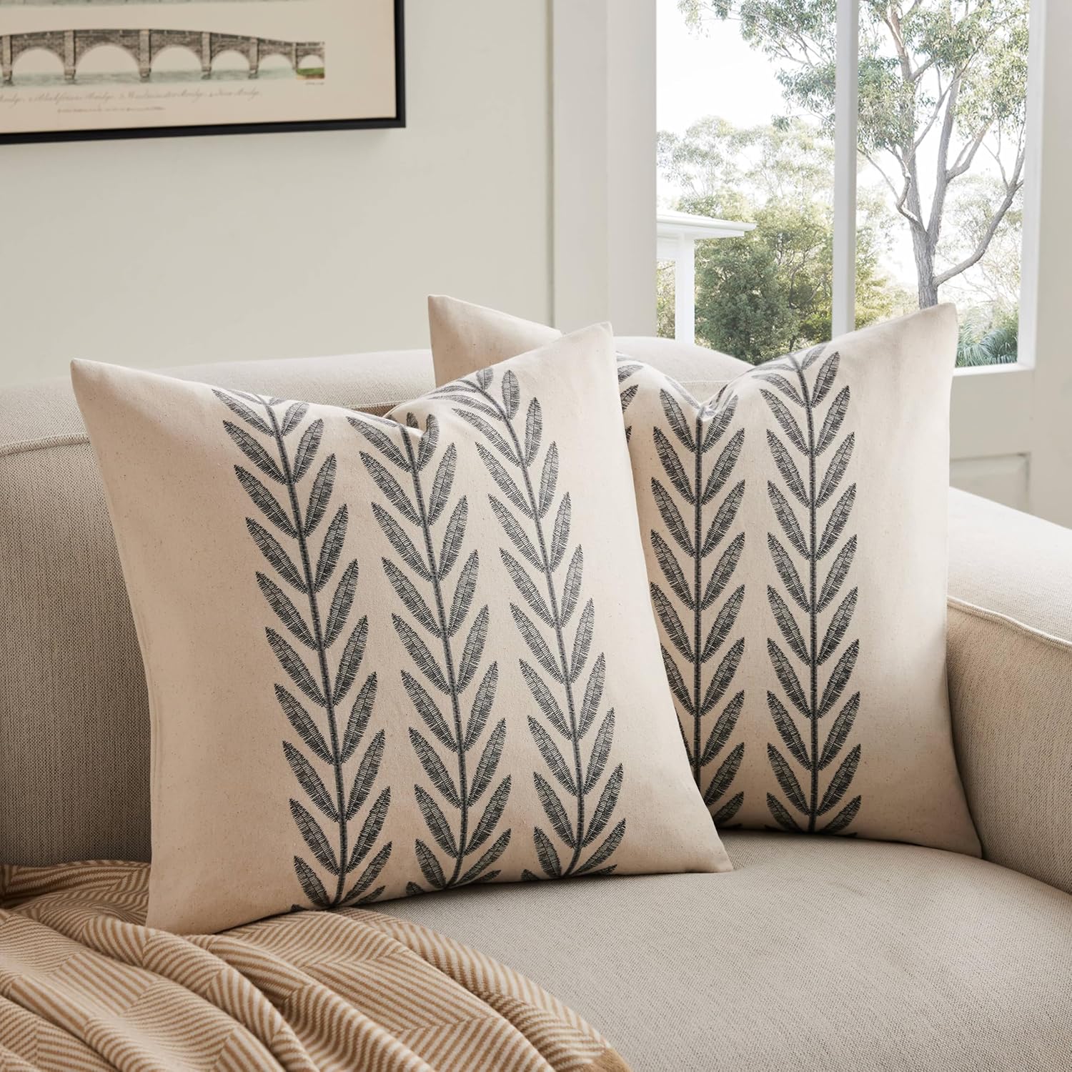 100% Cotton Farmhouse Leaves Throw Pillow Covers Set of 2, 22x22 Inch Black Pastoral Decorative Print Cushion Covers for Sofa Bed Living Room Home Decor