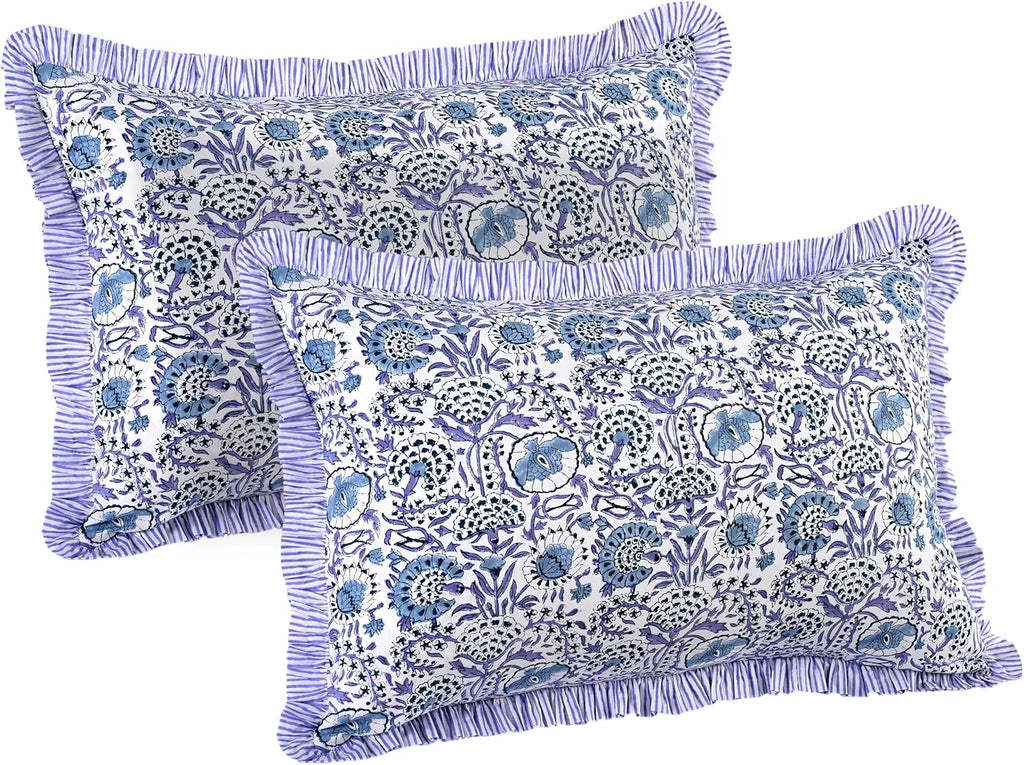 CPC Indigo Blue 100% Cotton Block Print Ruffle Sham Cover 20X30 inch Pack of 2, Handmade Boho Floral Pillowcase, Soft Decorative Queen Bed Pillow Cover for Bedroom Décor