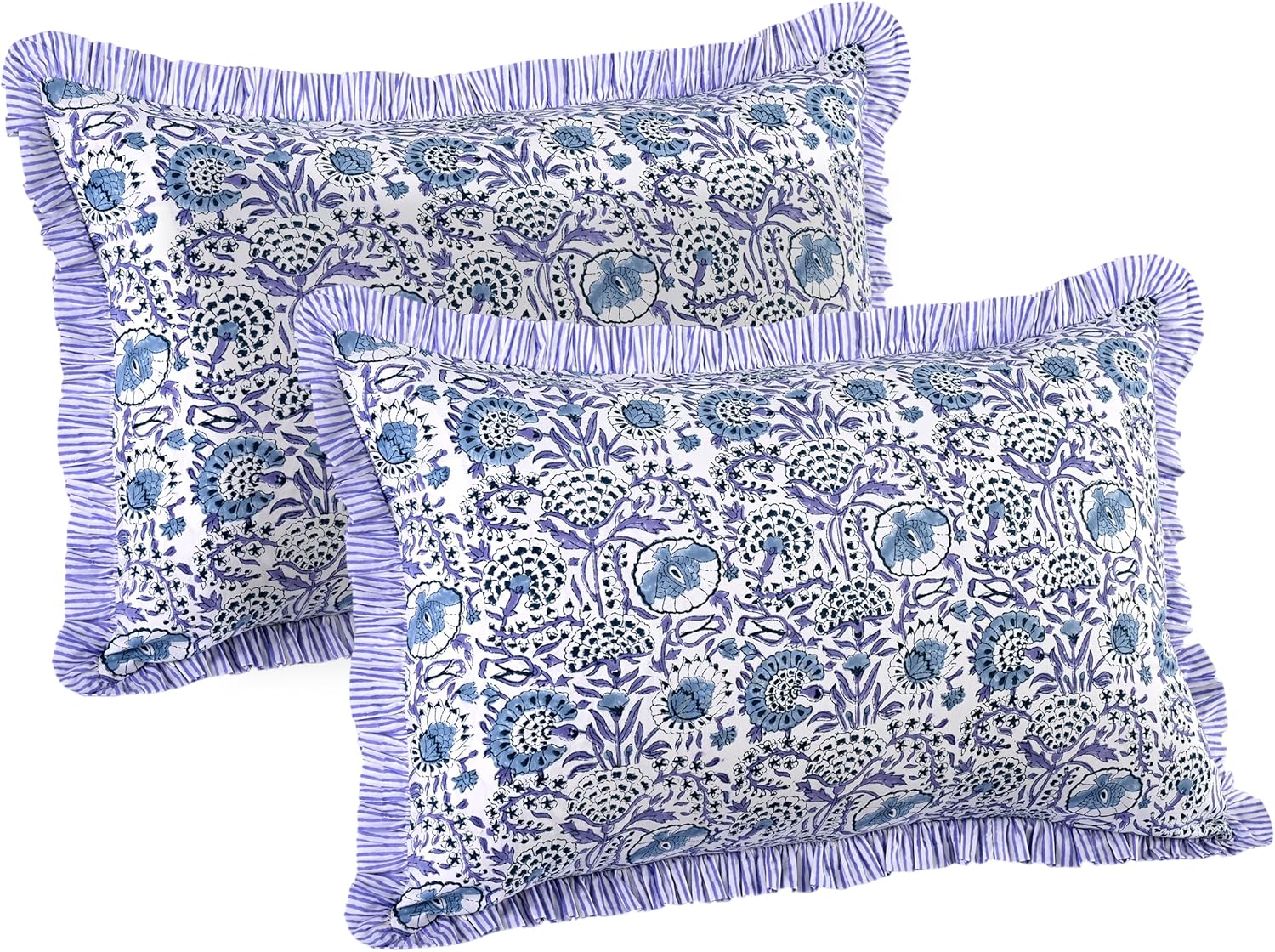 CPC Indigo Blue 100% Cotton Block Print Ruffle Sham Cover 20X36 inch Pack of 2, Handmade Boho Floral Pillowcase, Soft Decorative King Bed Pillow Cover for Bedroom Décor