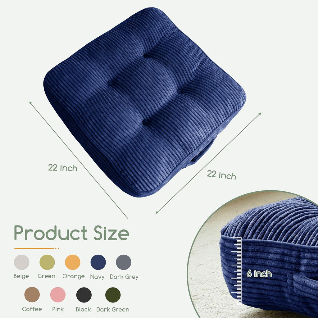 6" Washable Floor Pillow Cushion for Adults, Meditation Cushion Pillow, Large Square Floor Sitting, Removable Tufted Corduroy Cover, for Tatami Living Room or Yoga, 22x22 Inch, Machine Washable