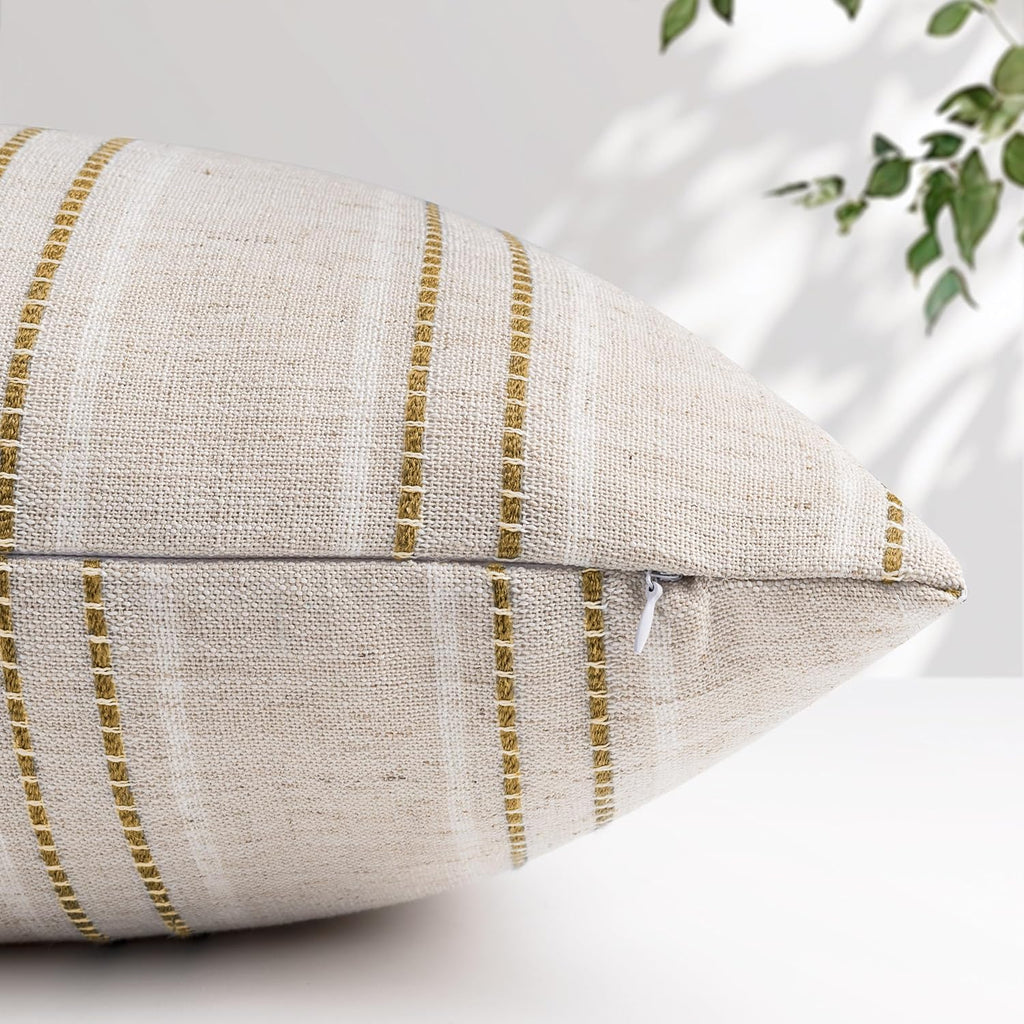 AELS 20x20 Decorative Farmhouse Linen Throw Pillow Covers, Boho Textured Pillow Case, Set of 2, Beige with White & Brown Stitch Yarn Dyed Stripe Cushion Cover for Sofa Couch Living Room (Cover ONLY)