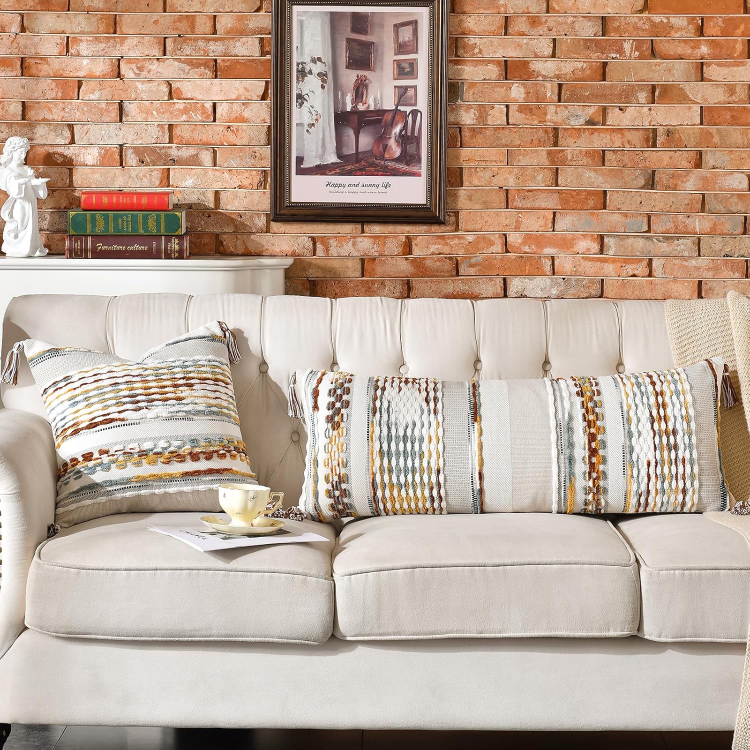 AmHoo Chenille Striped Textured Boho Throw Pillow Covers Aesthetic with Tassels Woven Decorative Pillow Case for Couch Bed Sofa Bedroom Modern Funky 18 x 18-Inch Brown