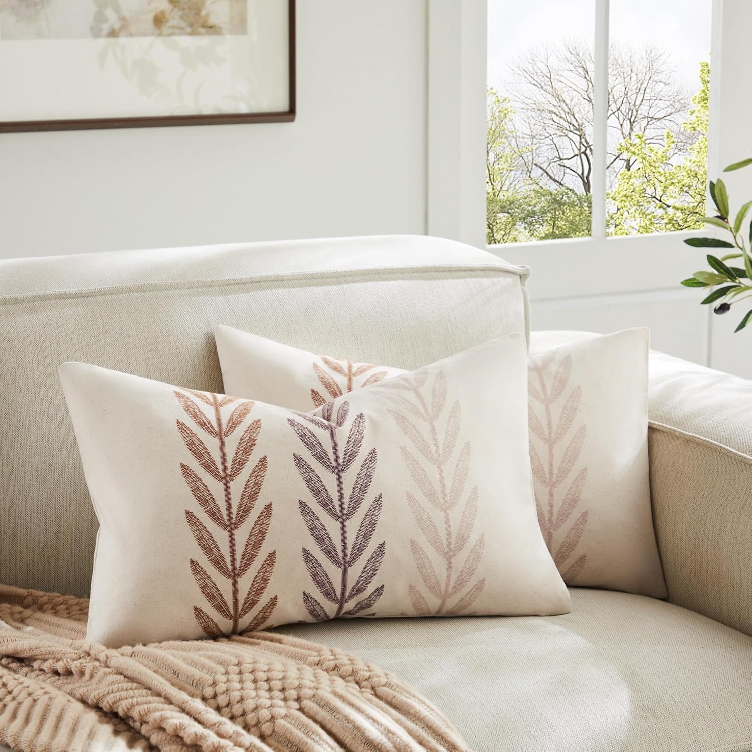 100% Cotton Farmhouse Leaves Lumbar Throw Pillow Covers Set of 2, 12x20 Inch Mixed Brown Pastoral Decorative Print Cushion Covers for Sofa Bed Living Room Home Decor