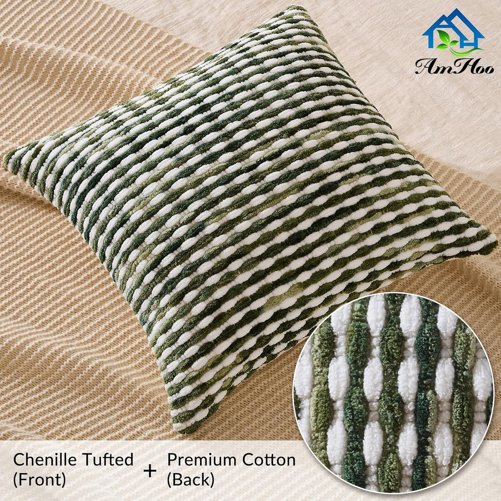 AmHoo Boho Chenille Pillow Cover Decorative Tufted Pillowcase for Couch Bed Sofa Bedroom Living Room Modern 18 x 18-Inch Sage Green