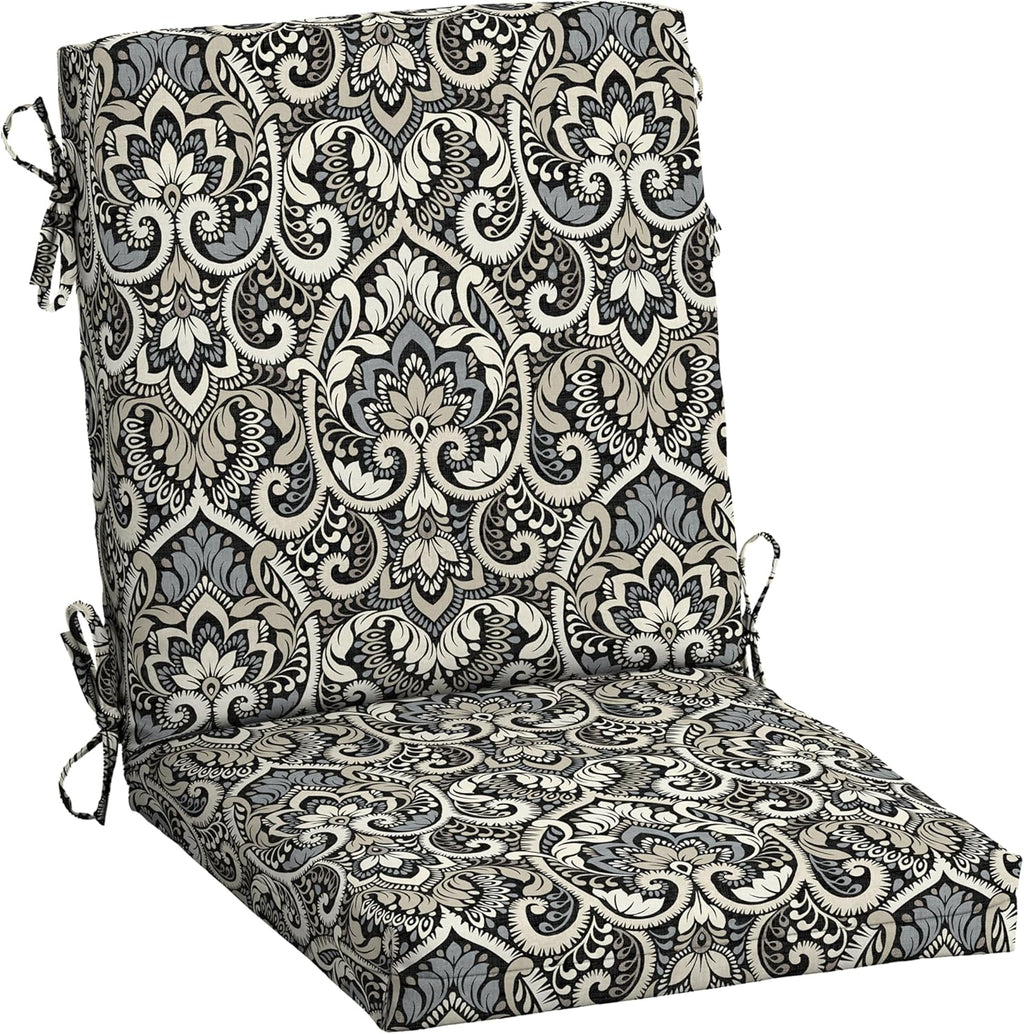 Arden Outdoor Midback Chair Cushion, 18 x 16.5, Rain-Proof, Fade Resistant Black Aurora Damask