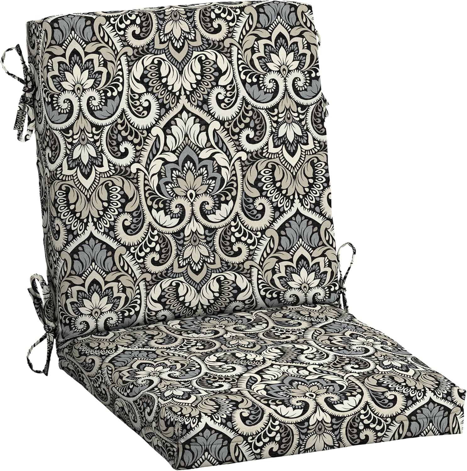 Arden Outdoor Midback Chair Cushion, 18 x 16.5, Rain-Proof, Fade Resistant Black Aurora Damask