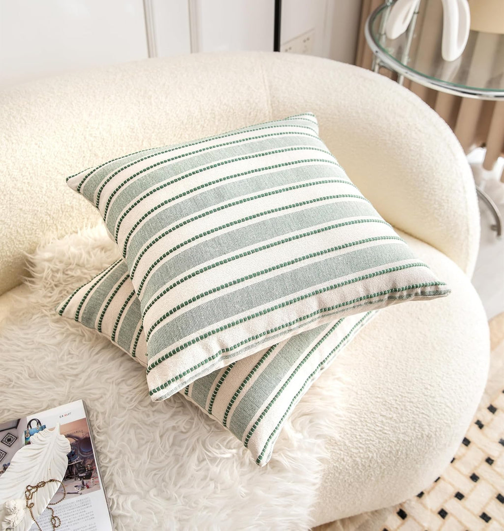 Decorative Boho Throw Pillow Covers, Farmhouse Textured Pillow Case, 18 x 18 Inch Set of 2, Chair Sofa Bedroom Living Room Home Decor Couch Cushion Case, Green and Beige Striped