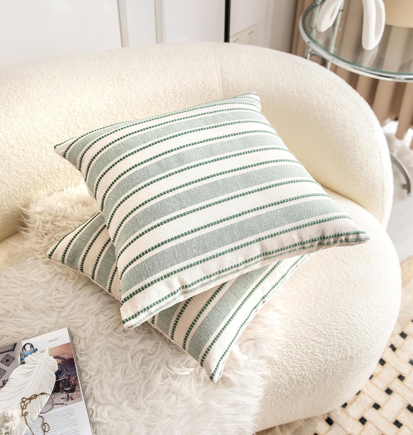 Decorative Boho Throw Pillow Covers, Farmhouse Textured Pillow Case, 18 x 18 Inch Set of 2, Chair Sofa Bedroom Living Room Home Decor Couch Cushion Case, Green and Beige Striped