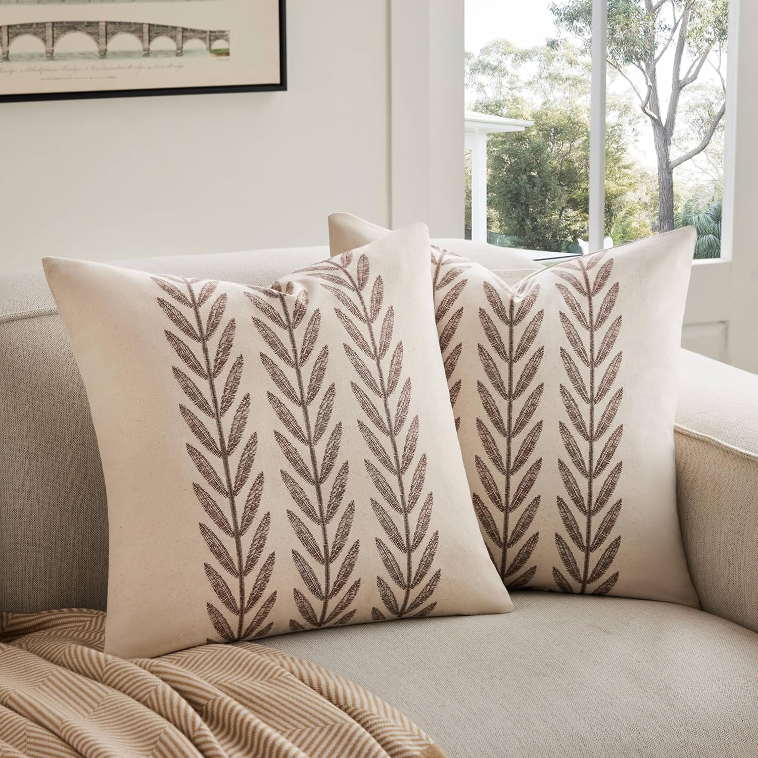 100% Cotton Farmhouse Leaves Throw Pillow Covers Set of 2, 24x24 Inch Chocolate Pastoral Decorative Print Cushion Covers for Sofa Bed Living Room Home Decor