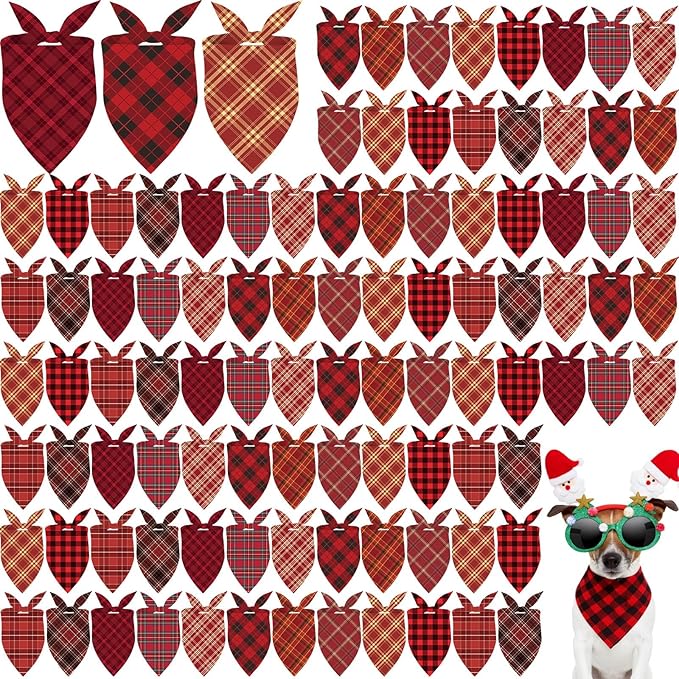 100 Pcs Christmas Dog Bandanas Bulk Xmas Red Plaid Bandanas Soft Triangle Bibs Adjustable Scarf for Small Medium Large Pets