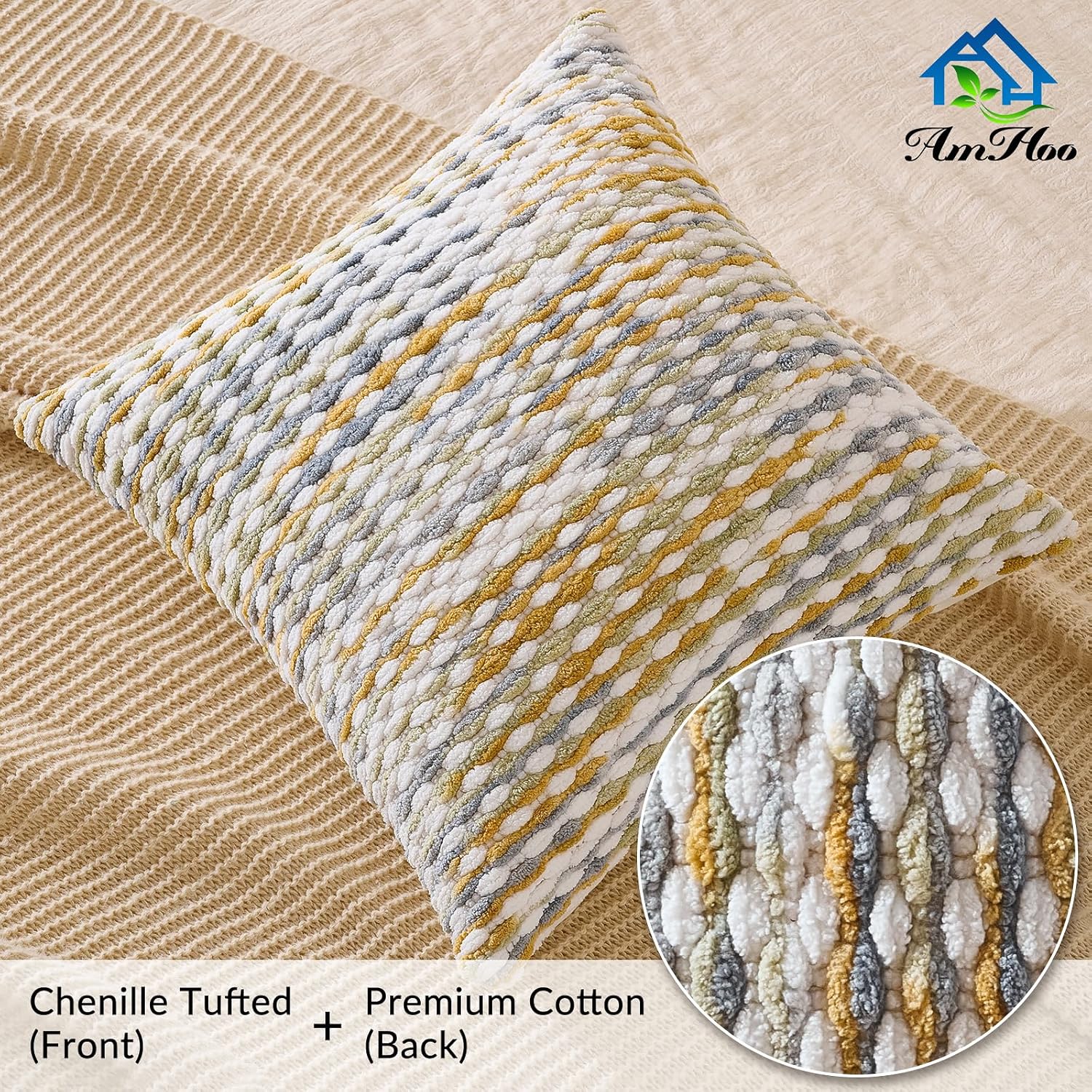 AmHoo Boho Chenille Pillow Cover Decorative Tufted Pillowcase for Couch Bed Sofa Bedroom Living Room Modern 18 x 18-Inch Grey