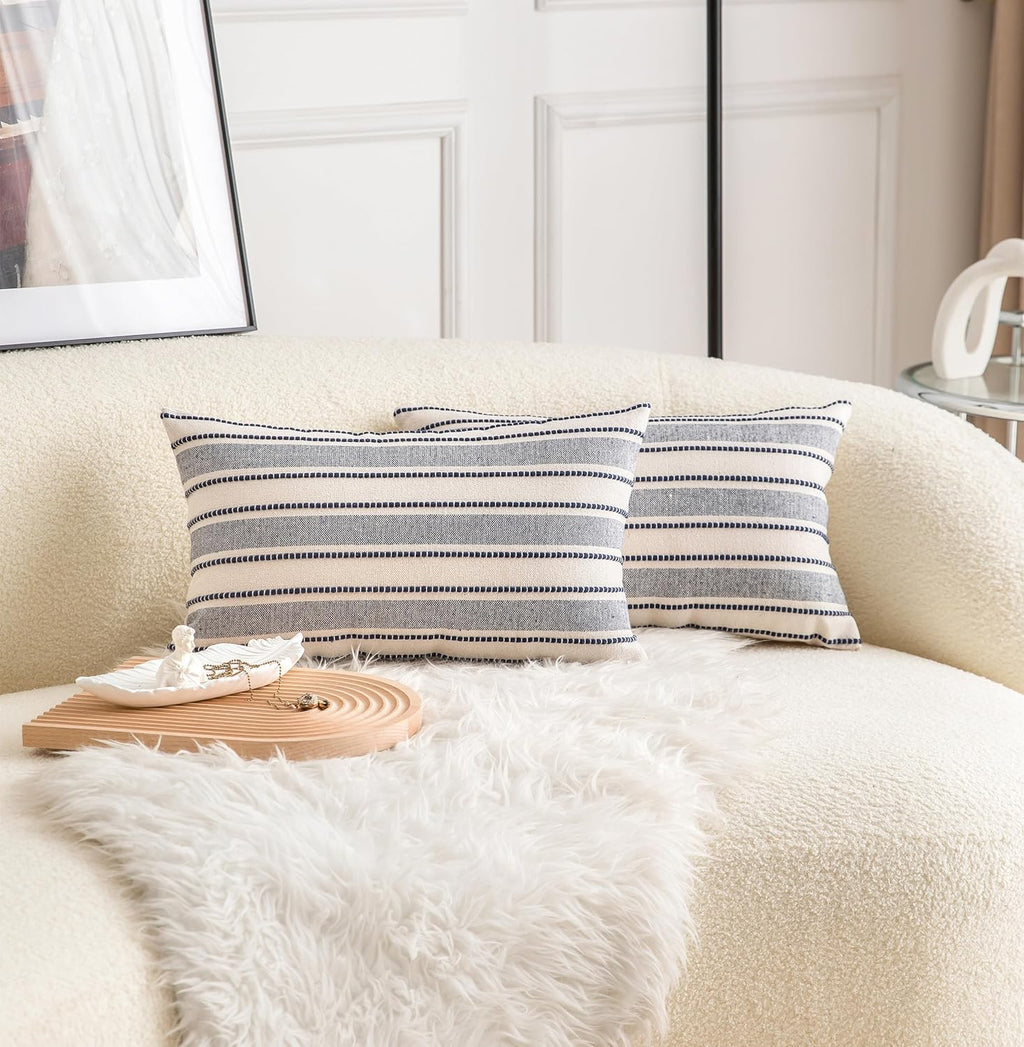 Decorative Boho Lumbar Throw Pillow Covers, Farmhouse Textured Pillow Case, 12 x 20 Inch Set of 2, Chair Sofa Bedroom Living Room Decor Couch Cushion Case, Navy Blue and Beige