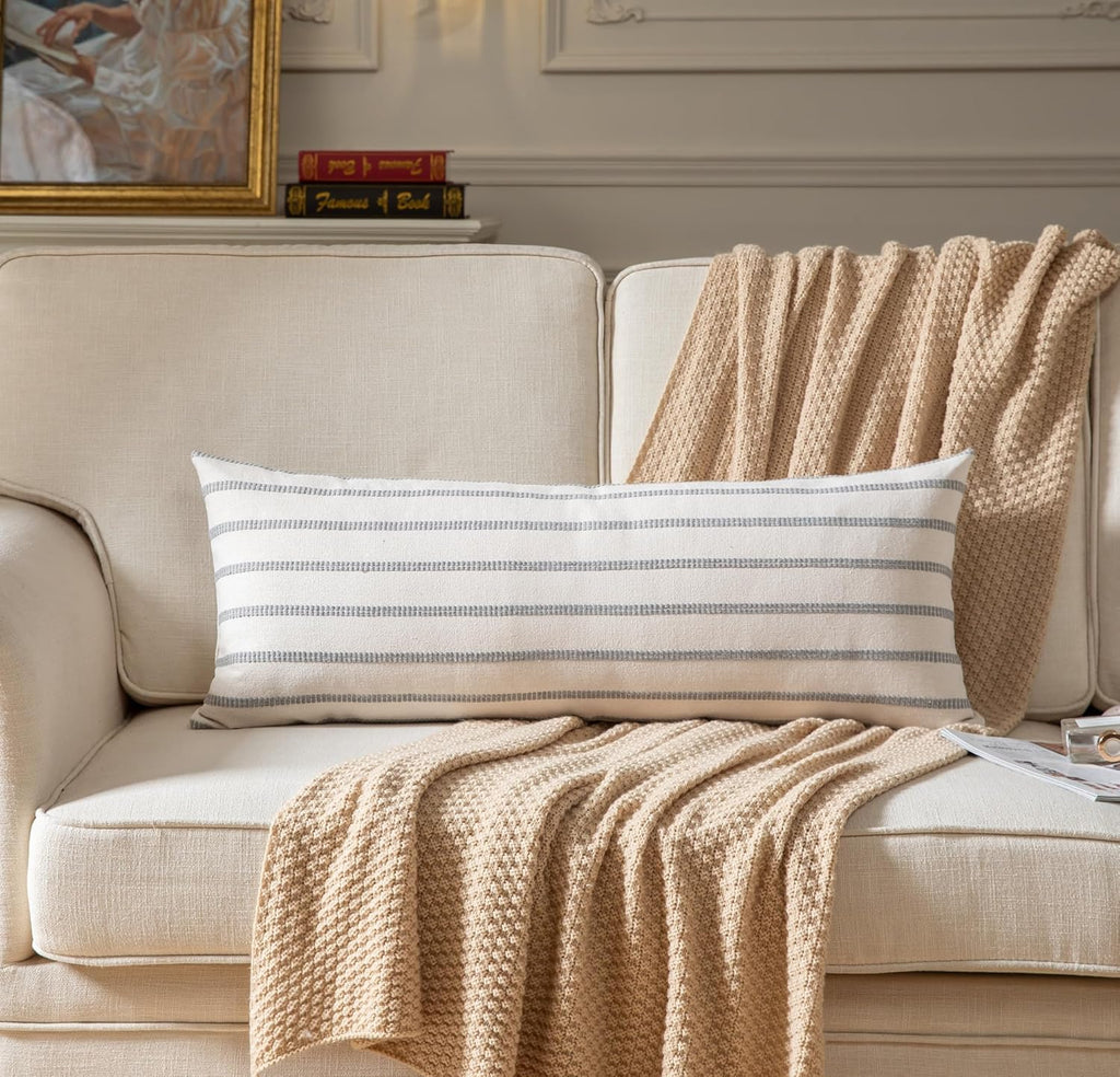 Caflife Boho Lumbar Throw Pillow Cover 14X36 Long Soft Farmhouse Decorative Couch Pillow Cases Grey Striped Body Pillow Covers Neutral Cushion Covers for Sofa Bed Living Room Home Decor Pack of 1