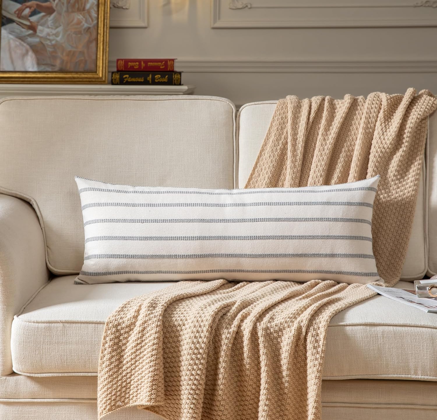 Caflife Boho Lumbar Throw Pillow Cover 14X36 Long Soft Farmhouse Decorative Couch Pillow Cases Grey Striped Body Pillow Covers Neutral Cushion Covers for Sofa Bed Living Room Home Decor Pack of 1