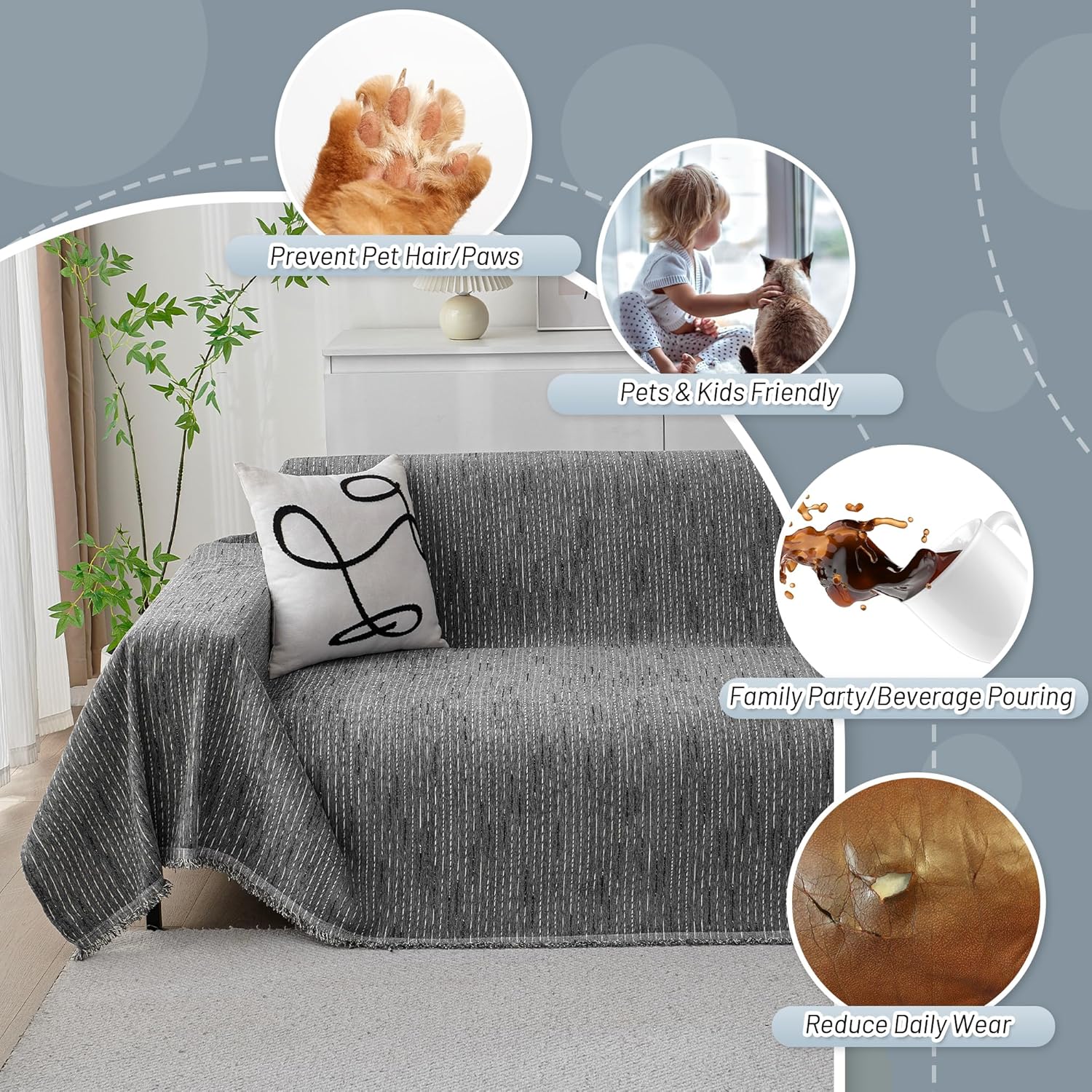 MYSKY HOME Couch Covers for Sofa, Dog Couch Cover Protector, Dark Grey Lines Sofa Covers for Sectional L Shape, Pets Couch Throw Cover Washable Durable Large Couch Cover for Dogs, Cats, 71" X118"