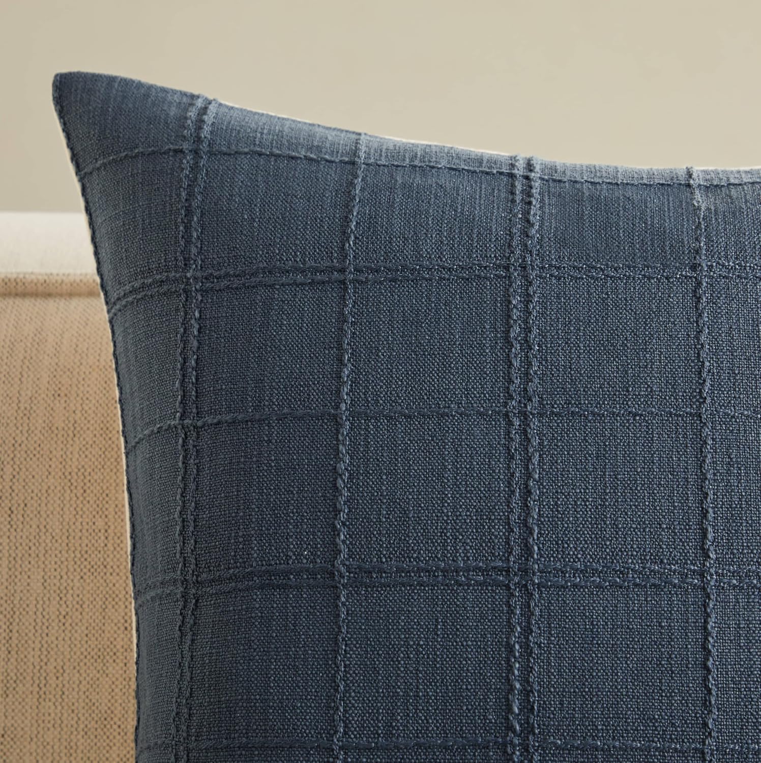 ZeeMart Linen Checked Throw Pillow Covers Set of 2, 20x20 Inch Navy/Cream, Farmhouse Decorative Single Sided Grid Embroidered Couch Pillow Cases Dark Blue Cotton Linen Cushion Covers