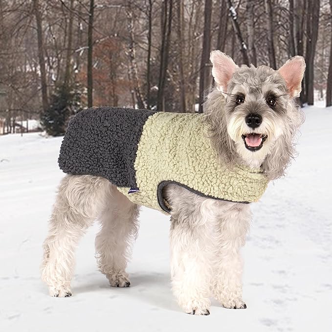 cyeollo Warm Dog Coat Sherpa Dog Winter Coat, Reversible Fleece Doggie Jackets Sweater Vest for Small Dogs Male with Leash Hole, Soft Cold Weather Pet Coats, Khaki S