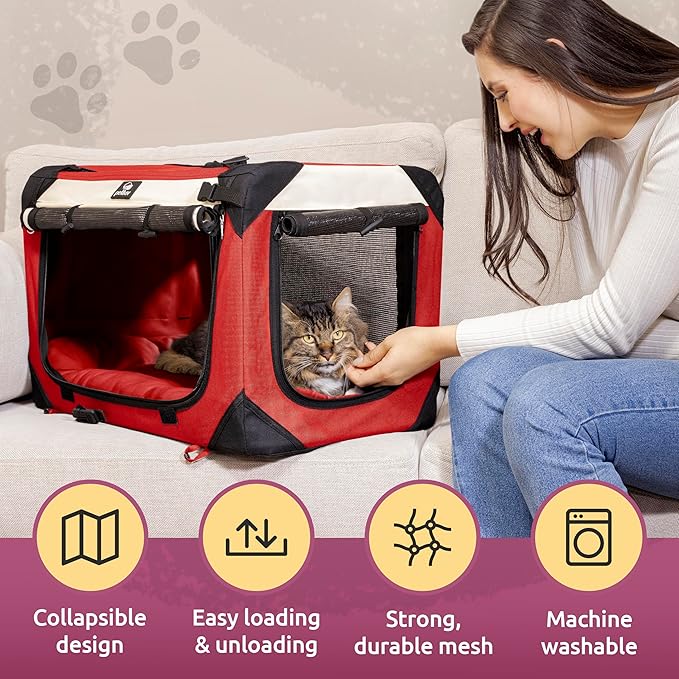 Large Cat Carrier on Wheels, Dog Carrier for 2 Cats or Medium Dog, Soft-Sided, Collapsible with Locking Zippers, Red