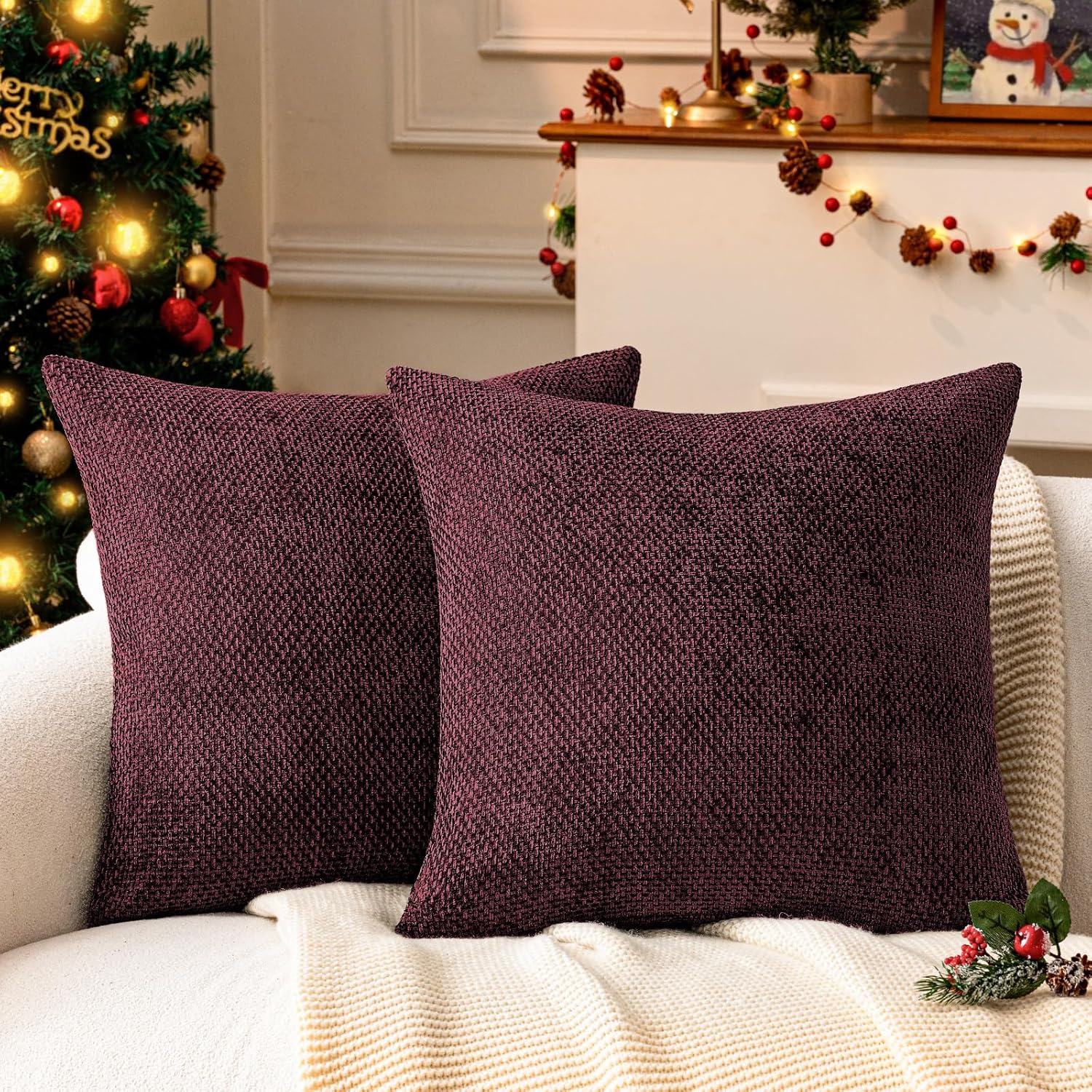 a moment Christmas Wine Red Chenille Throw Pillow Covers 22x22 Inch Pack of 2 Modern Decorative Throw Pillow Covers Farmhouse Cross Covers Home Decor for Sofa Bedroom Living Room