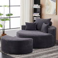 55.11" W Oversized Round Chaise Lounge Chair, Deep Seat Corduroy Cloud with Pillows, Moveable Ottoman and Blanket– Comfy Circle Loveseat Sofa Chair for Living Room or Bedroom (Grey)