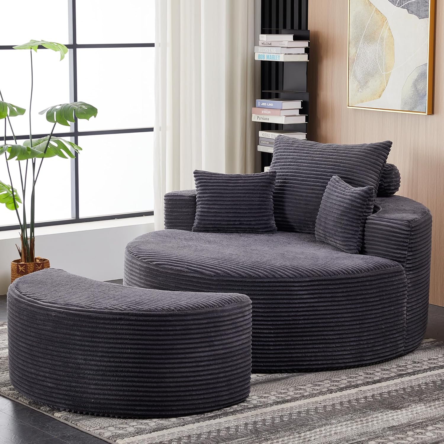 55.11" W Oversized Round Chaise Lounge Chair, Deep Seat Corduroy Cloud with Pillows, Moveable Ottoman and Blanket– Comfy Circle Loveseat Sofa Chair for Living Room or Bedroom (Grey)