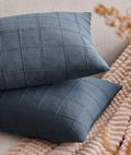 ZeeMart Linen Checked Lumbar Throw Pillow Covers Set of 2, 12x20 Inch Allover Grid Navy, Farmhouse Decorative Double Sided Grid Embroidered Couch Pillow Cases Navy Cotton Linen Cushion Covers