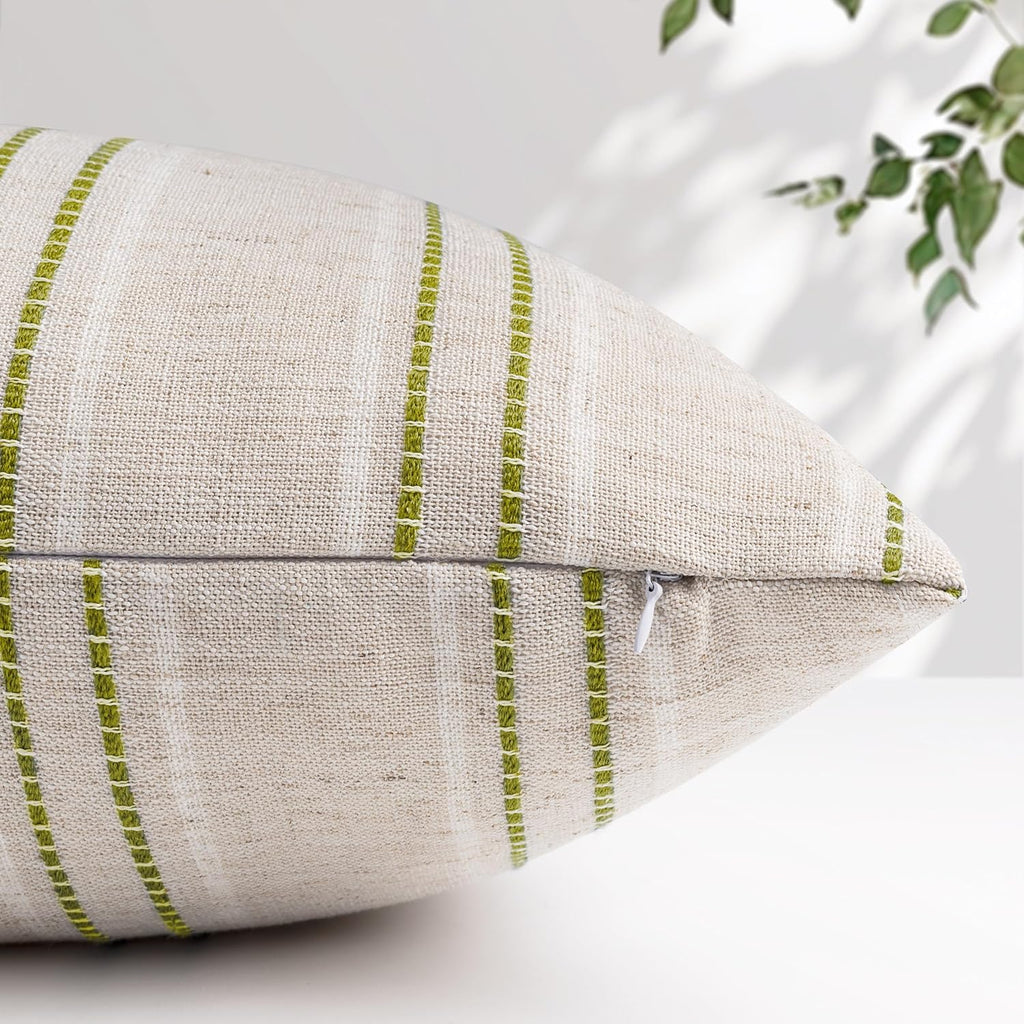 AELS 12x20 Decorative Farmhouse Linen Throw Pillow Covers, Boho Textured Pillow Case, Set of 2, Beige with White & Green Stitch Yarn Dyed Stripe Cushion Cover for Sofa Couch Living Room (Cover ONLY)