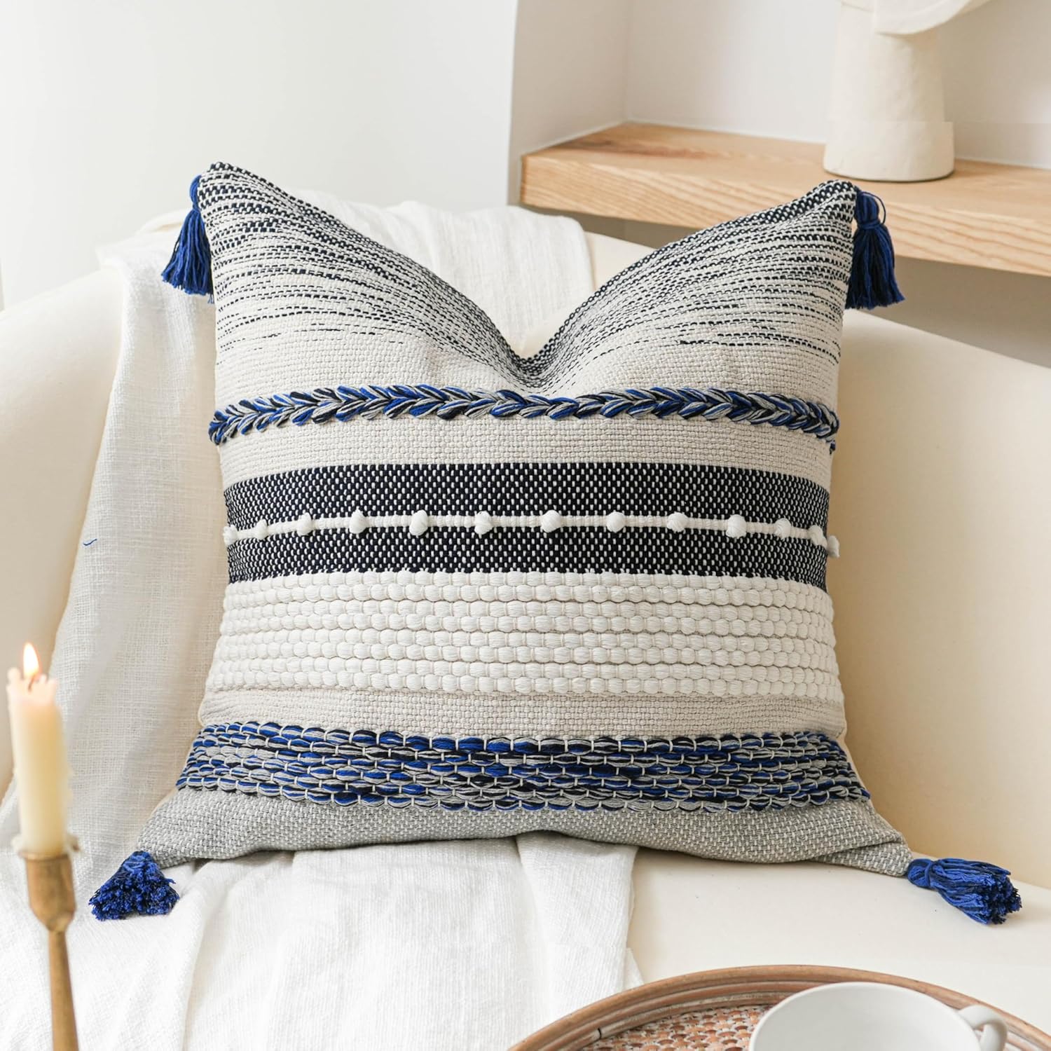 BlissBlush Navy Dark Blue Boho Throw Pillow Cover 22x22 Grey Decorative Accent Pillow for Couch Square Woven Textured Pillowcase Modern Boho Pillow for Bed, Bohemian Pillow Cover (Pack of 1)