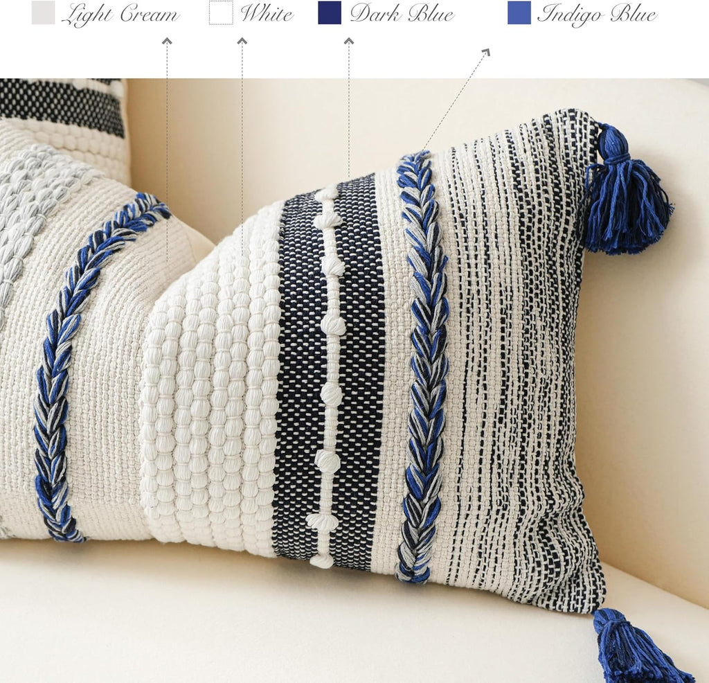 BlissBlush Decorative Lumbar Throw Pillow Cover 14x24 Boho Dark Blue Accent Cushion for Couch Sofa Farmhouse Pillowcase for Bedroom Living Room Home Décor Cover ONLY