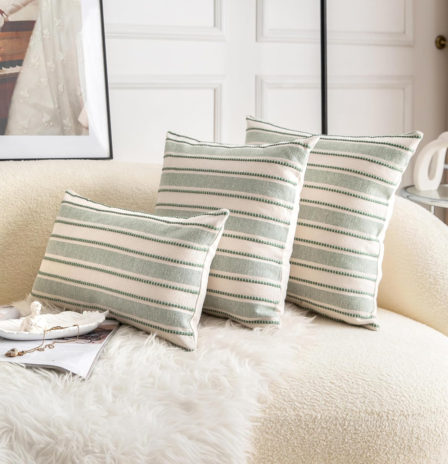 Decorative Boho Lumbar Throw Pillow Covers, Farmhouse Textured Pillow Case, 12 x 20 Inch Set of 2, Chair Sofa Bedroom Living Room Home Decor Couch Cushion Case, Green and Beige