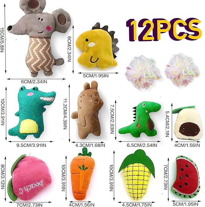 Cat Toys, Interactive Cat Toy for Indoor Cats, Soft and Durable Crinkle Sound Catnip Toys, Catnip Filled Mouse Cat Teething Chew Toy (Pack of 12) (002, Large)