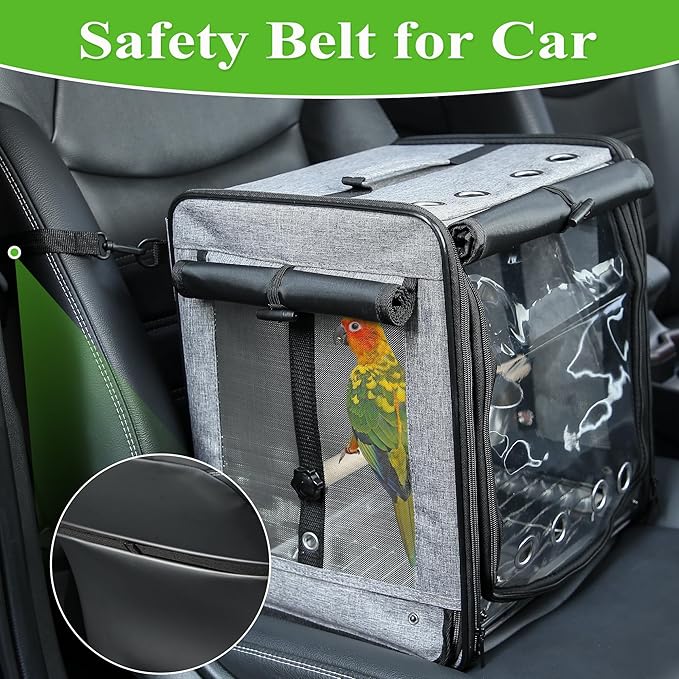 Sanmoncare Bird Carrier for Car Travel with Seat Belt, Indestructible Stainless Steel Mesh Parrot Backpack Travel Cage