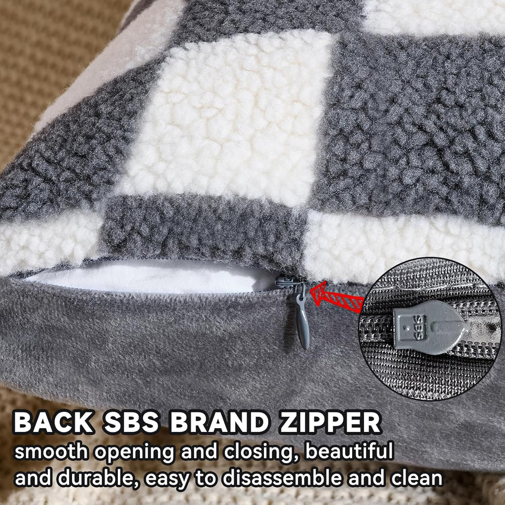 AmHoo Pack of 2 Decorative Throw Pillow Covers Checkerboard Luxury Super Soft Faux Fur Wool Set Case Cushion for Couch Sofa Bedroom 18 x 18-Inch Gray