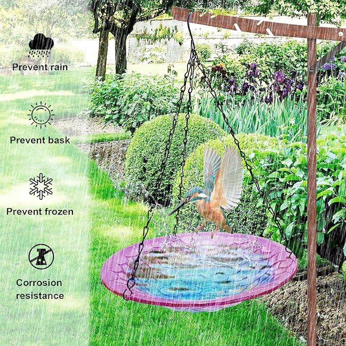 Hanging Birdbath, Outdoor Glass Birdbath, Purple and Blue Texture Pattern Bird Feeder for Garden Patio Decoration