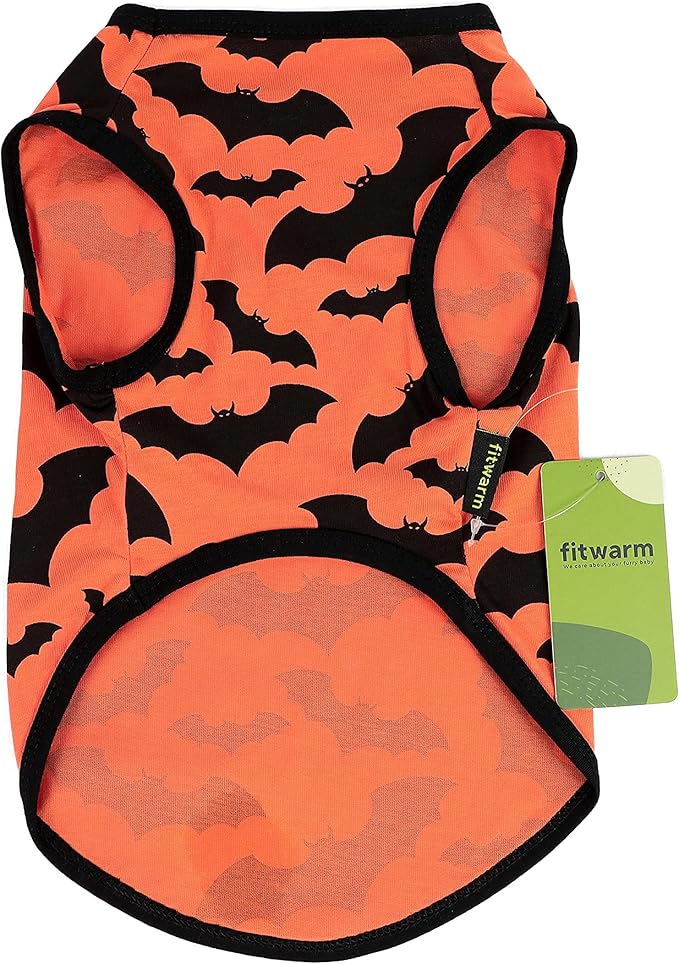 Fitwarm 100% Cotton Halloween Dog Clothes Scary Bat Dog Costumes Doggie Shirts Puppy Shirt Pet Vest Tank Top Cat Tee Orange Medium