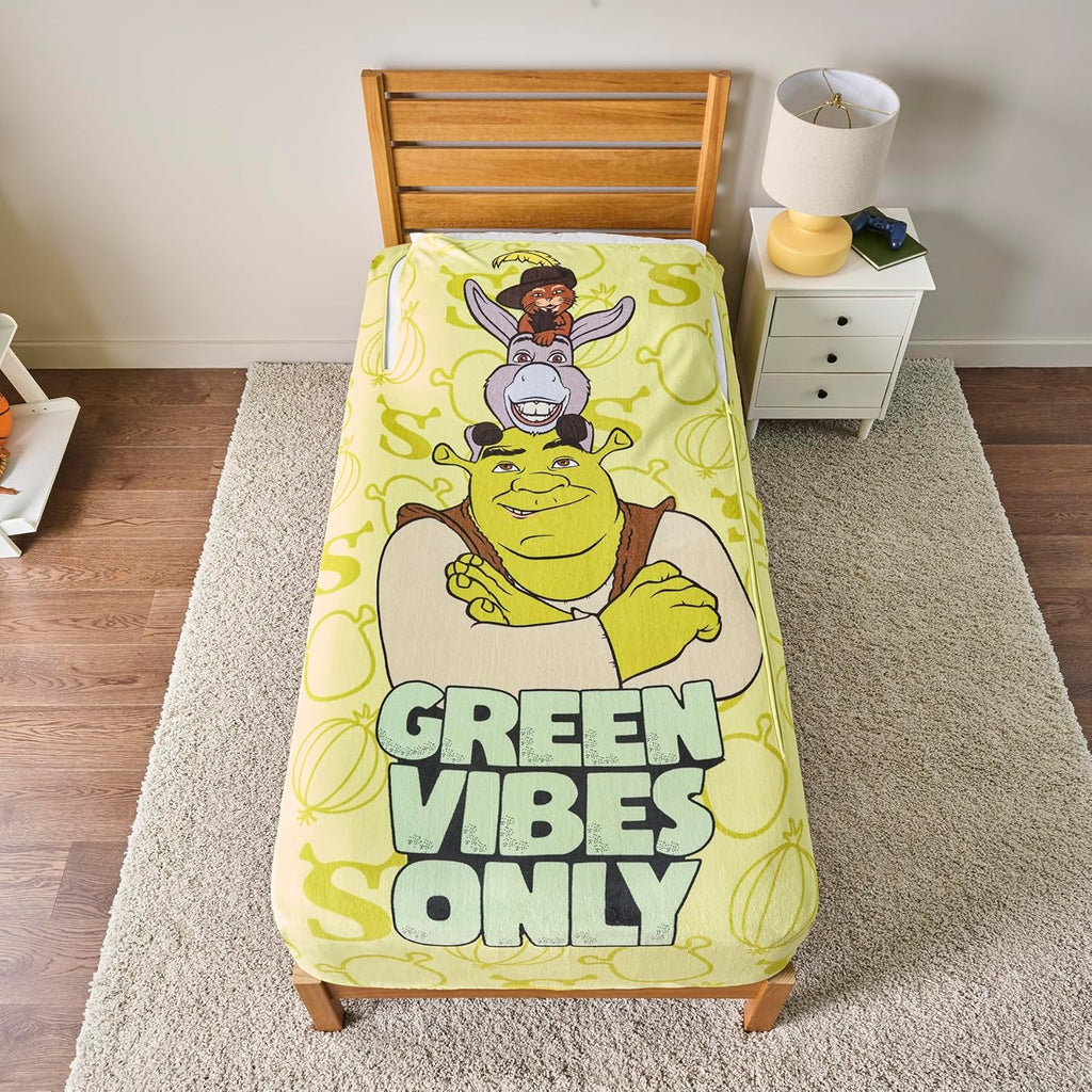 ZippySack Twin Bed Zip-Up Bedding – Super Soft Fleece Fitted Blanket with Side Pocket & Durable Zipper – Easy Bed-Making for Kids (Shrek)