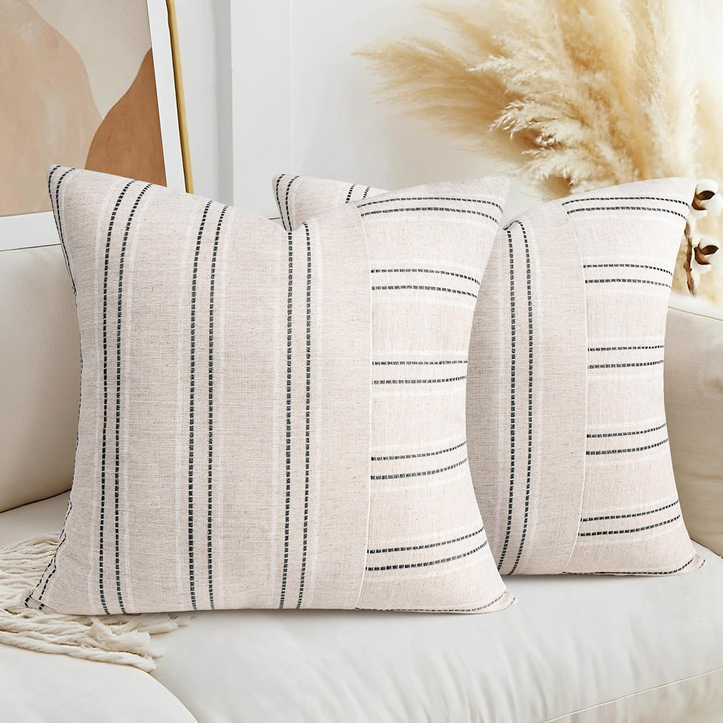 AELS 24x24 Decorative Farmhouse Linen Throw Pillow Covers, Boho Textured Pillow Case, Set of 2, Beige with White & Black Stripe Patchwork Cushion Cover for Sofa Couch Living Room (Cover ONLY)