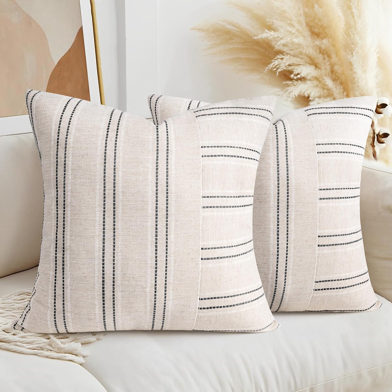 AELS 24x24 Decorative Farmhouse Linen Throw Pillow Covers, Boho Textured Pillow Case, Set of 2, Beige with White & Black Stripe Patchwork Cushion Cover for Sofa Couch Living Room (Cover ONLY)