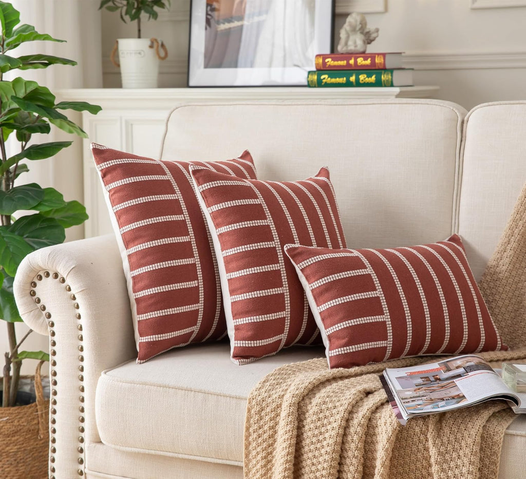 Caflife Boho Fall Throw Pillow Covers 12x20 Set of 2 Soft Farmhouse Decorative Couch Pillow Cases Rust Striped Pillow Covers Neutral Cushion Covers for Sofa Bed Living Room Home Decor