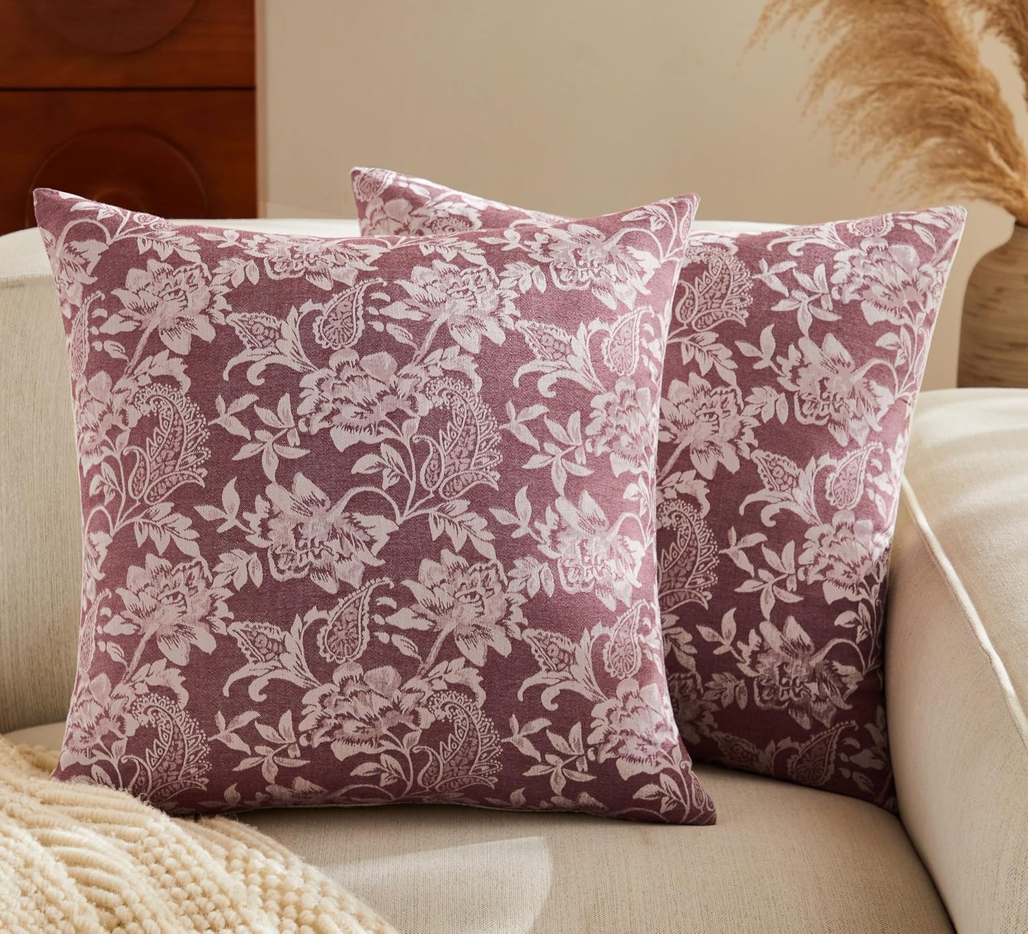Floral Jacquard Throw Pillow Covers Set of 2, Background/Burgundy 24x24 Inch, Farmhouse Decorative Cotton Burgundy Cushion Covers for Sofa Bed Living Room Home Decor